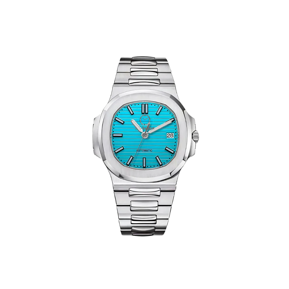 Montre avec bracelet argenté et cadran bleu clair avec petits hulot de dates.
