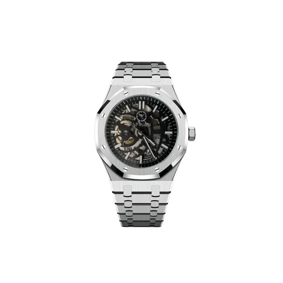 Montre avec bracelet argenté et cadran intérieur qui laisse paraitres la majorité du mouvement.