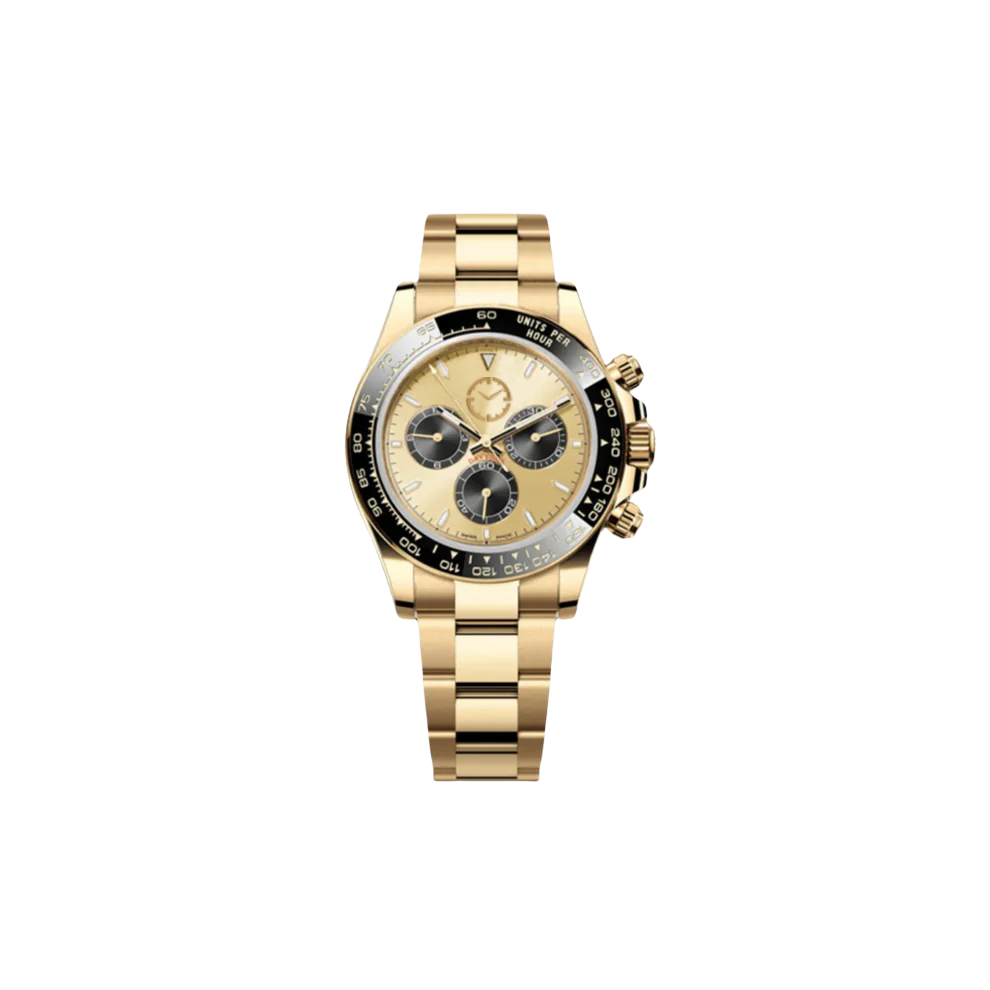 Montre entièrement dorée avec quelques détails en blanc et noir.