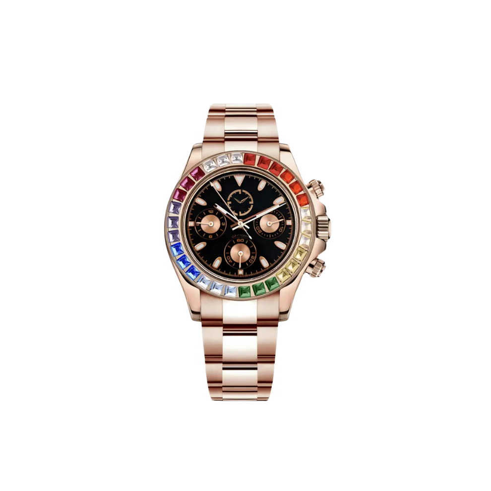 montre avec contour multicolor en pierre avec bracelet doré.