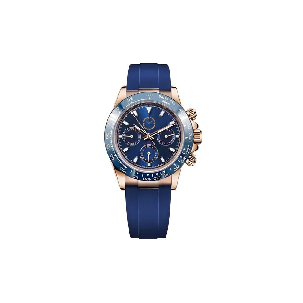 Montre avec bracelet en caoutchouc et boitier doré et cadran bleu avec petits détails dorés. Les aiguilles sont dorées.