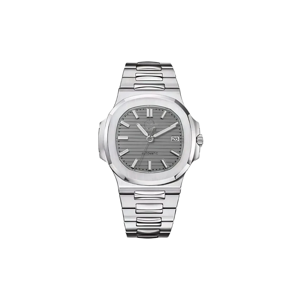 Une montre avec bracelet argenté et cadran gris et aiguilles argentées.