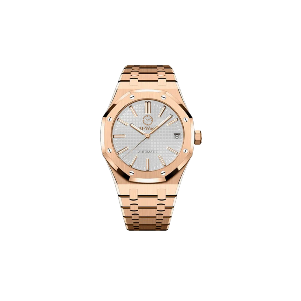 Une montre avec bracelet doré et cadran blanc beige et aiguilles dorées.
