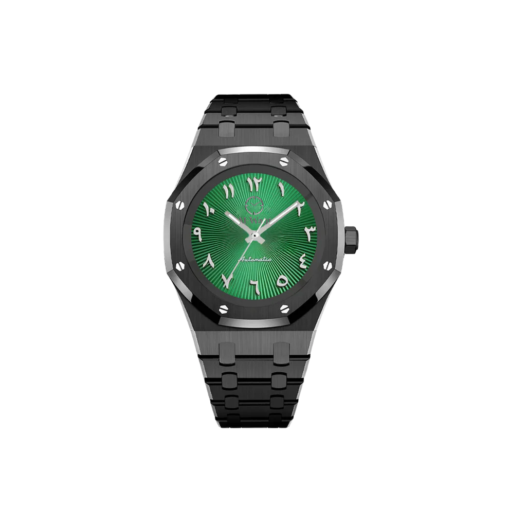 Montre avec bracelet noir et cadran vert et aiguilles argentés et chiffres arabes.