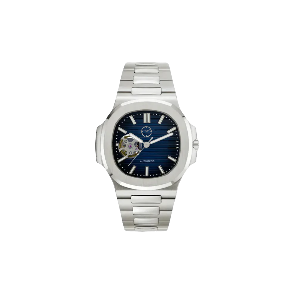Montre avec bracelet argenté et cadran bleu avec un trou qui laisse apercevoir une partie du mouvement automatique de la montre.