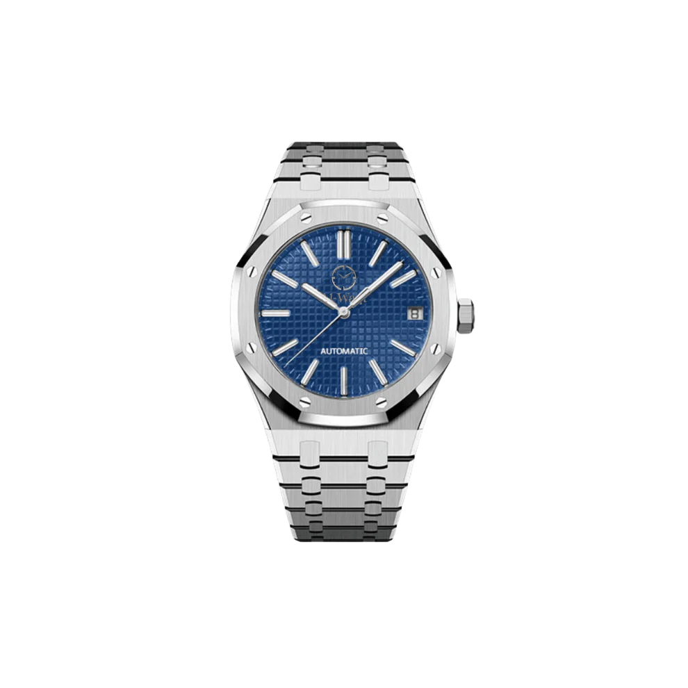 Une montre avec bracelet argenté et cadran bleu.