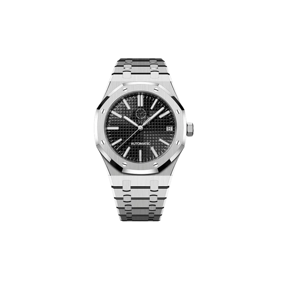 Une montre avec bracelet argenté et cadran noir.