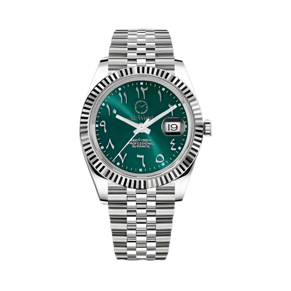 Montre avec bracelet argenté et cadran vert et chiffres arabes et aiguilles argentées et petit trou pour voir la date.