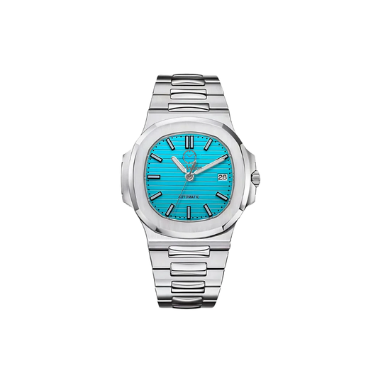 Montre avec bracelet argenté et cadran bleu clair avec petits hulot de dates.