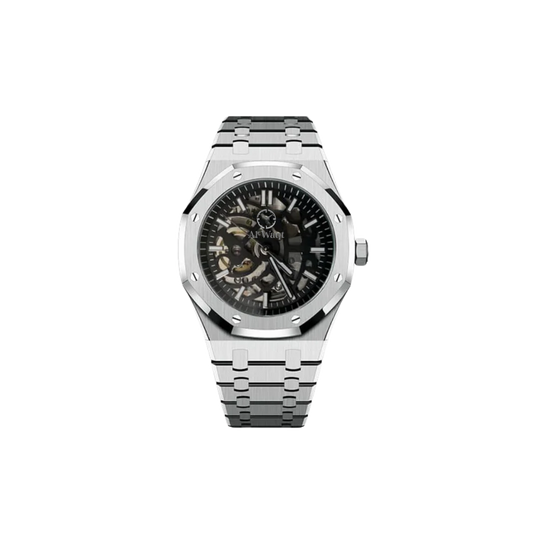 Montre avec bracelet argenté et cadran intérieur qui laisse paraitres la majorité du mouvement.