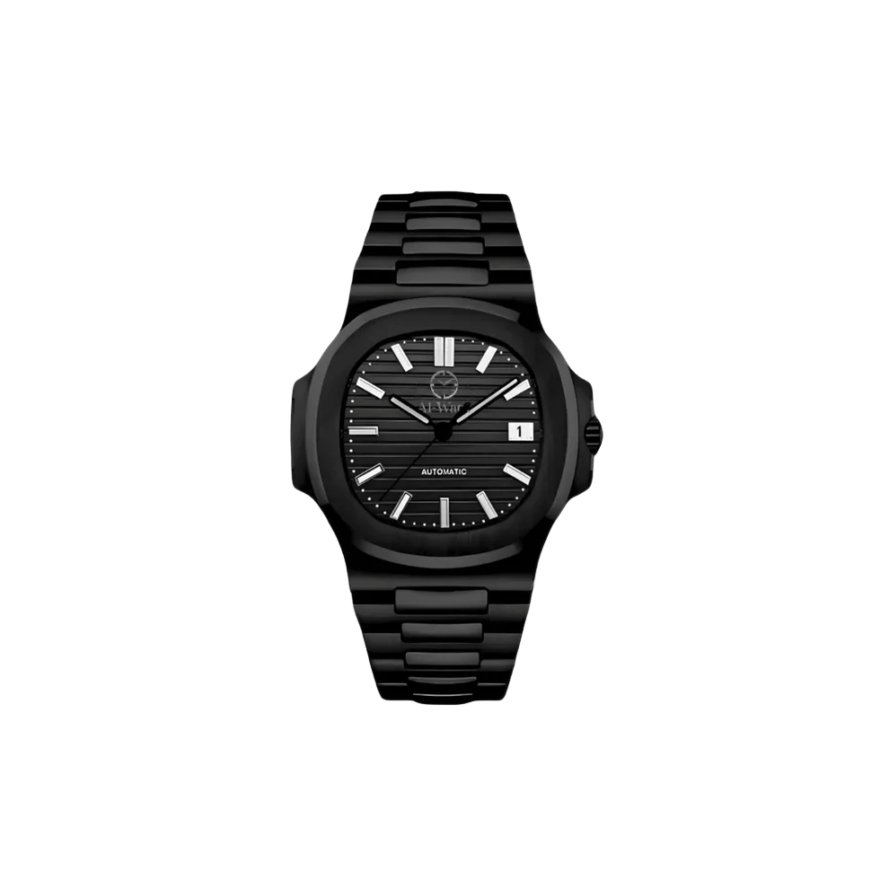 Montre avec bracelet noir et cadran noir et aiguilles blanches et petit hublot pour voir les dates.