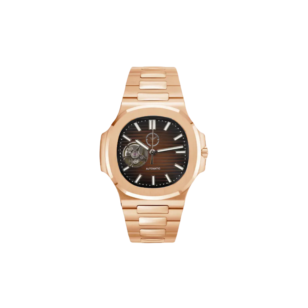 Montre avec bracelet doré et cadran avec un mélange de couleurs brunes. Sur le coté gauche du centre du cadran se trouve un trou qui laisse percevoir un partie du mouvement automatique de la montre.