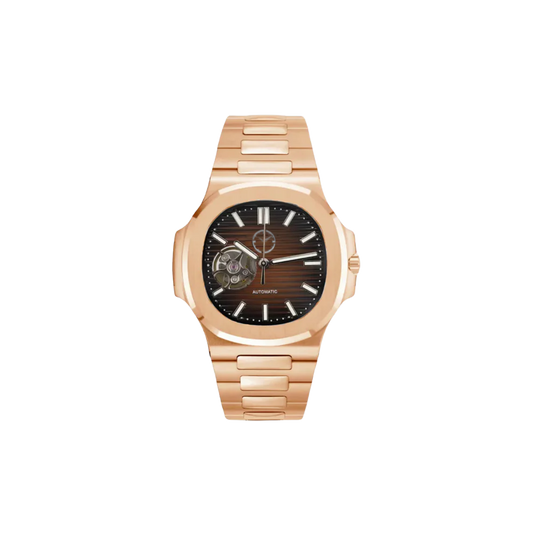 Montre avec bracelet doré et cadran avec un mélange de couleurs brunes. Sur le coté gauche du centre du cadran se trouve un trou qui laisse percevoir un partie du mouvement automatique de la montre.