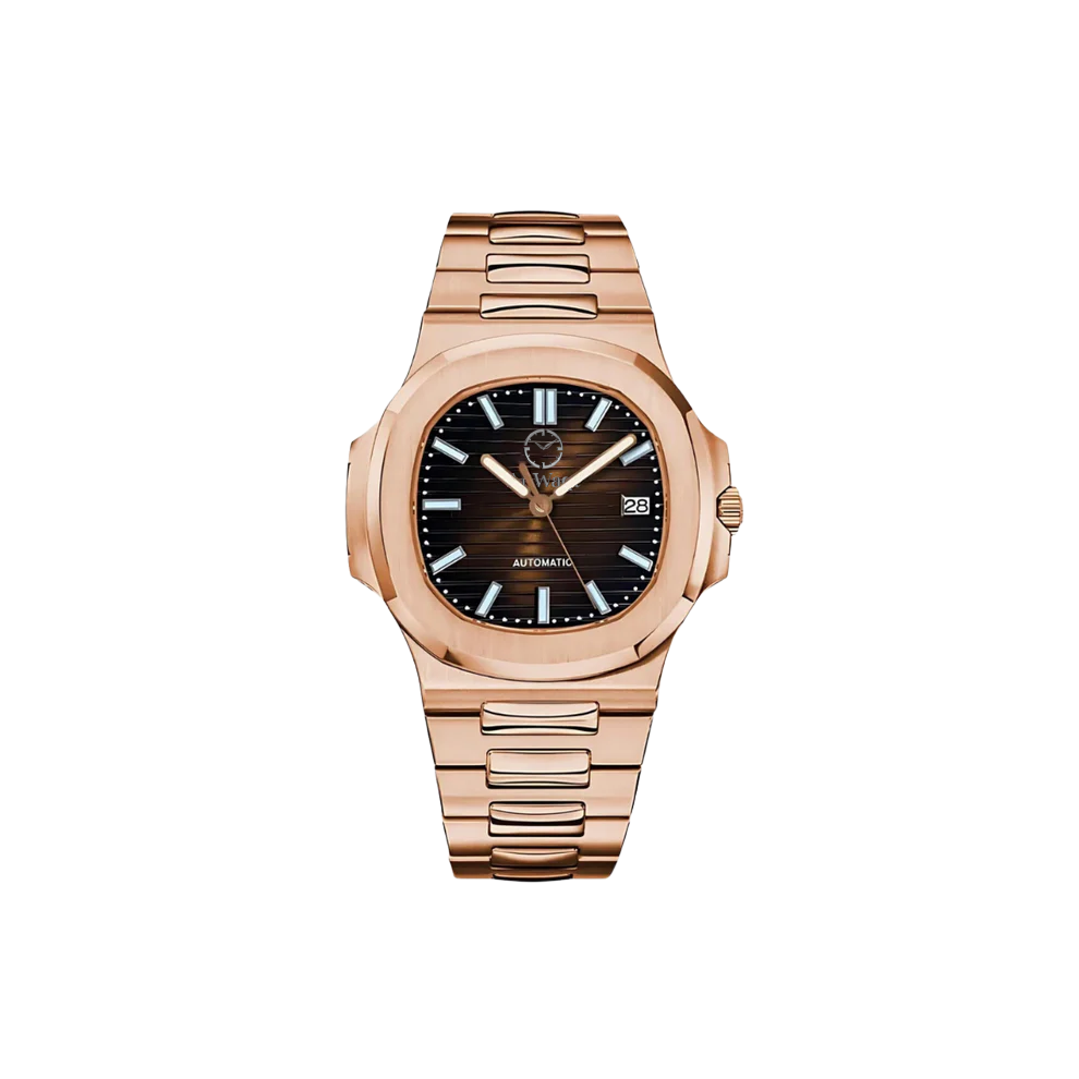 Montre avec bracelet rose doré et cadran brun doré et aiguilles doré et petit trou pour voir la date.