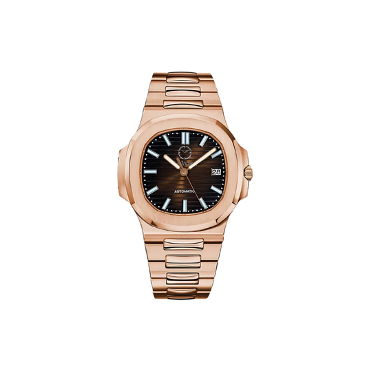 Montre avec bracelet rose doré et cadran brun doré et aiguilles doré et petit trou pour voir la date.