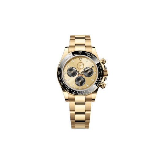 Montre entièrement dorée avec quelques détails en blanc et noir.