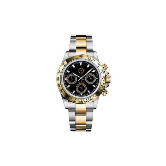 Montre avec bracelet argenté et  doré et cadran noir et aiguilles argenté et petits détails sur le cadran en doré.
