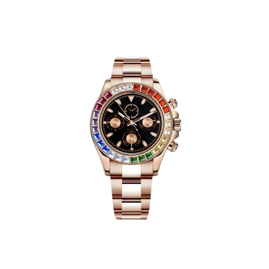 montre avec contour multicolor en pierre avec bracelet doré.
