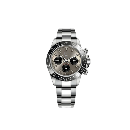 Montre avec bracelet argenté et boitier avec arceau noir gradué. Le cadran est de couleur brun clair et trois petit rond noir qui définissent chacun une chose rend la montre magnifique. Les aiguilles sont aussi argentées et le logo au dessus du centre rend la montre encore plus excellente.