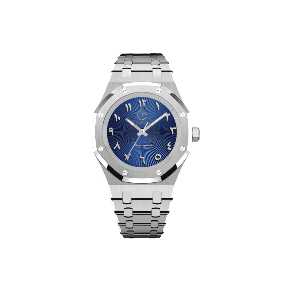 Montre avec bracelet argenté, cadran bleu, chiffres arabes et aiguilles argentées.