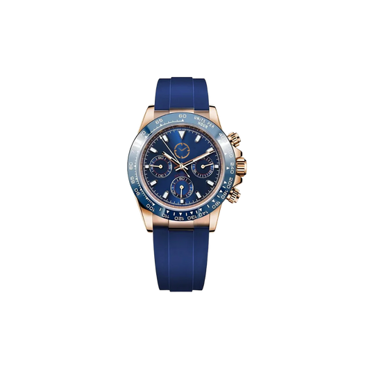 Montre avec bracelet en caoutchouc et boitier doré et cadran bleu avec petits détails dorés. Les aiguilles sont dorées.