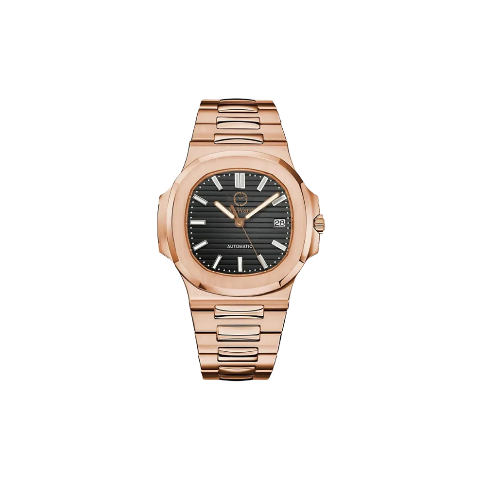 Montre avec bracelet rose doré et cadran noir.