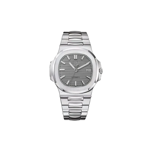 Une montre avec bracelet argenté et cadran gris et aiguilles argentées.
