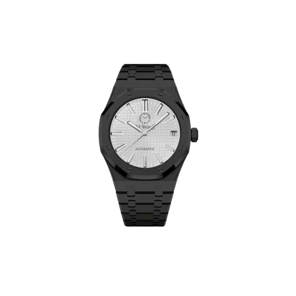 Une montre avec bracelet noir et cadran gris clair et aiguilles argentées.