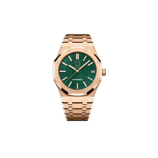 Une montre avec bracelet doré et cadran vert.