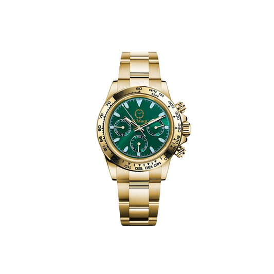 Montre avec bracelet doré et cadran vert et aiguilles dorées. Le logo de la marque Al-Waqt est présent au dessus du centre du cadran