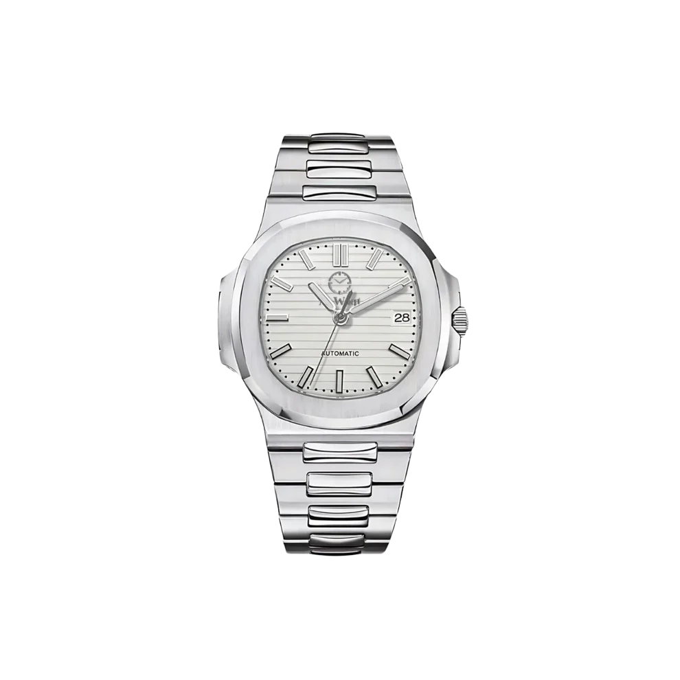 Montre avec bracelet argenté et cadran blanc, aiguilles blanches et hublot pour voit la date.