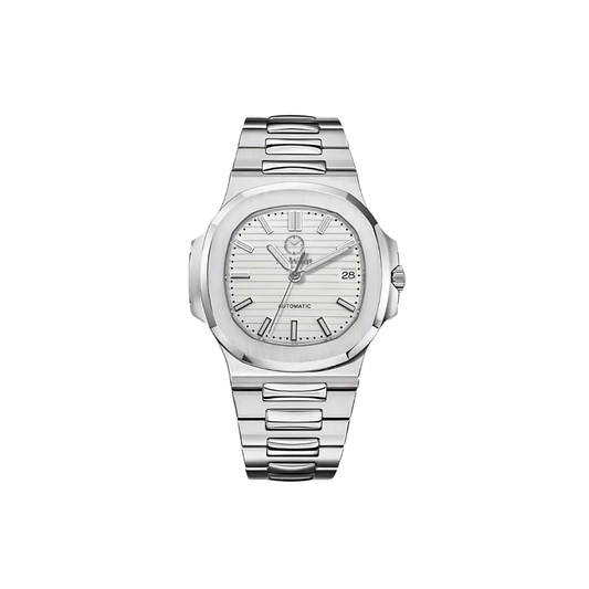 Montre avec bracelet argenté et cadran blanc, aiguilles blanches et hublot pour voit la date.