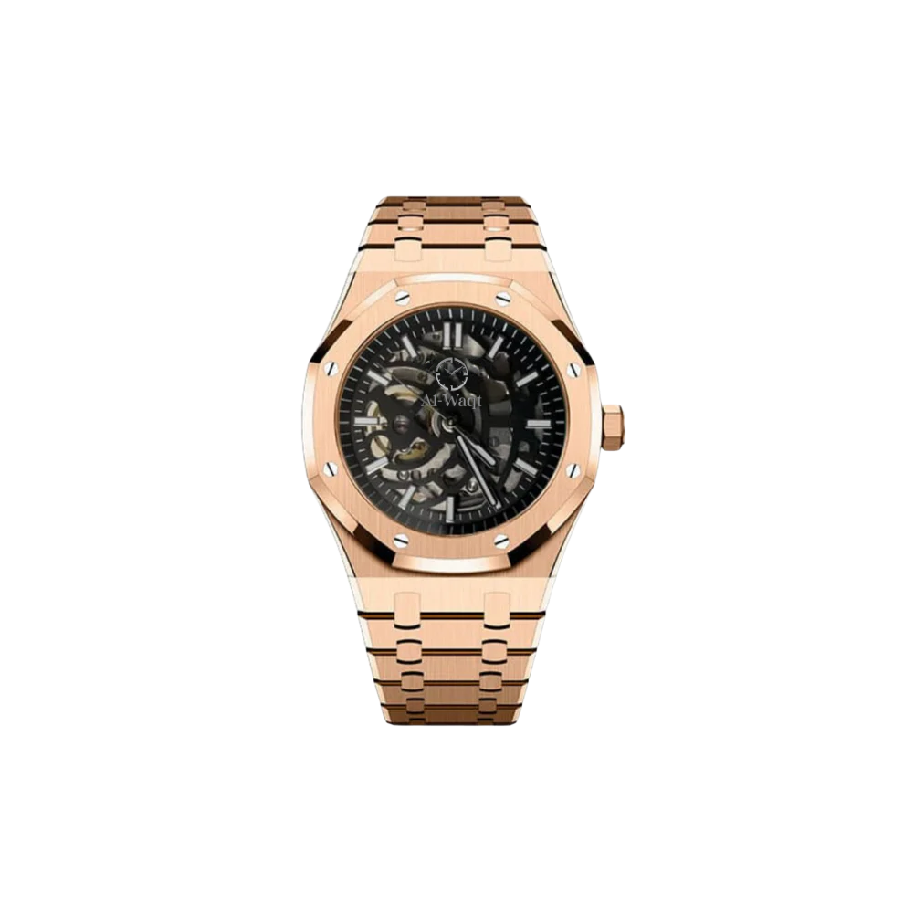 Montre avec bracelet doré et cadran squellétique qui laisse voir le mouvement de la montre qui est magnifique. 