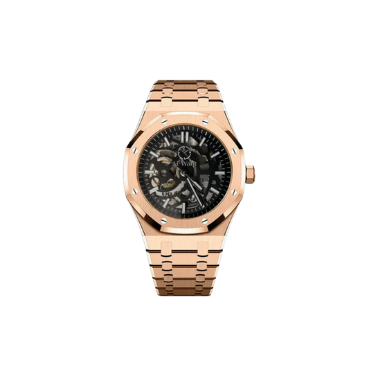 Montre avec bracelet doré et cadran squellétique qui laisse voir le mouvement de la montre qui est magnifique. 