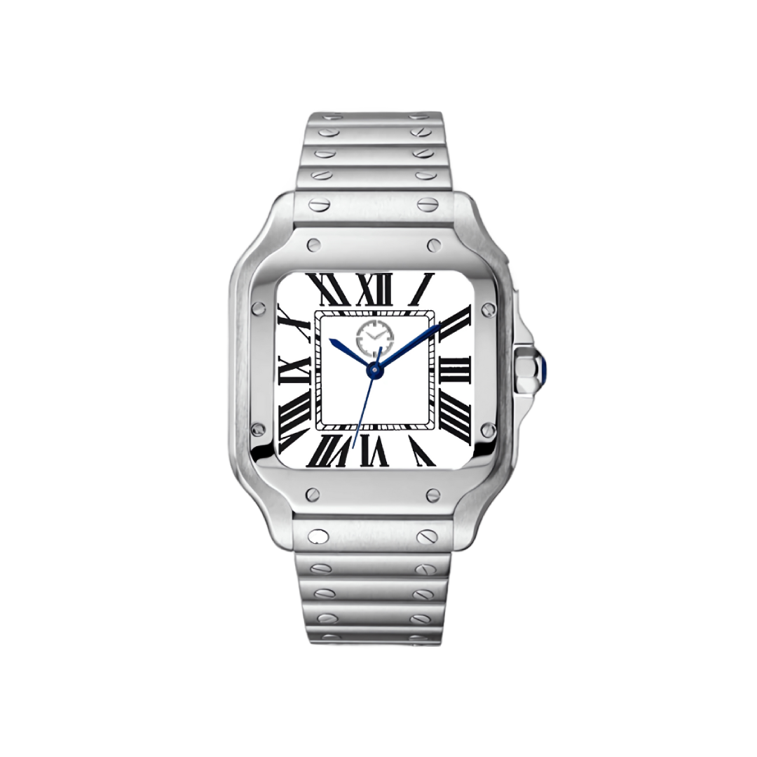 Montre avec boitier argenté carré et cadran blanc avec chiffres romains écrits dessus.