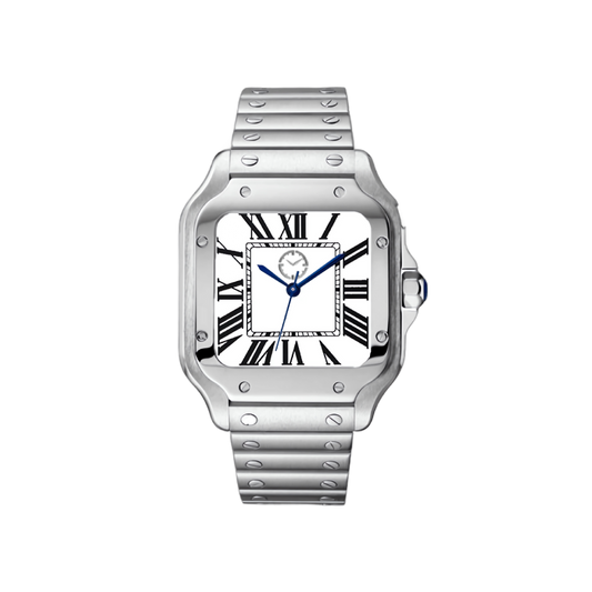Montre avec boitier argenté carré et cadran blanc avec chiffres romains écrits dessus.