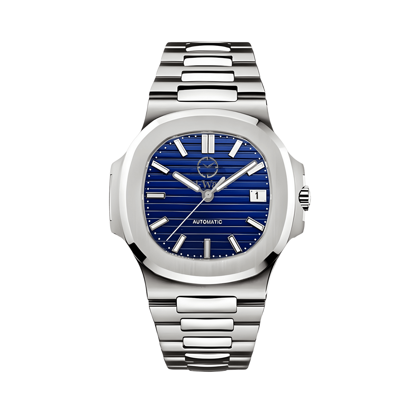 Une montre avec bracelet argenté et cadran bleu. Et petit hublot pour voir la date.