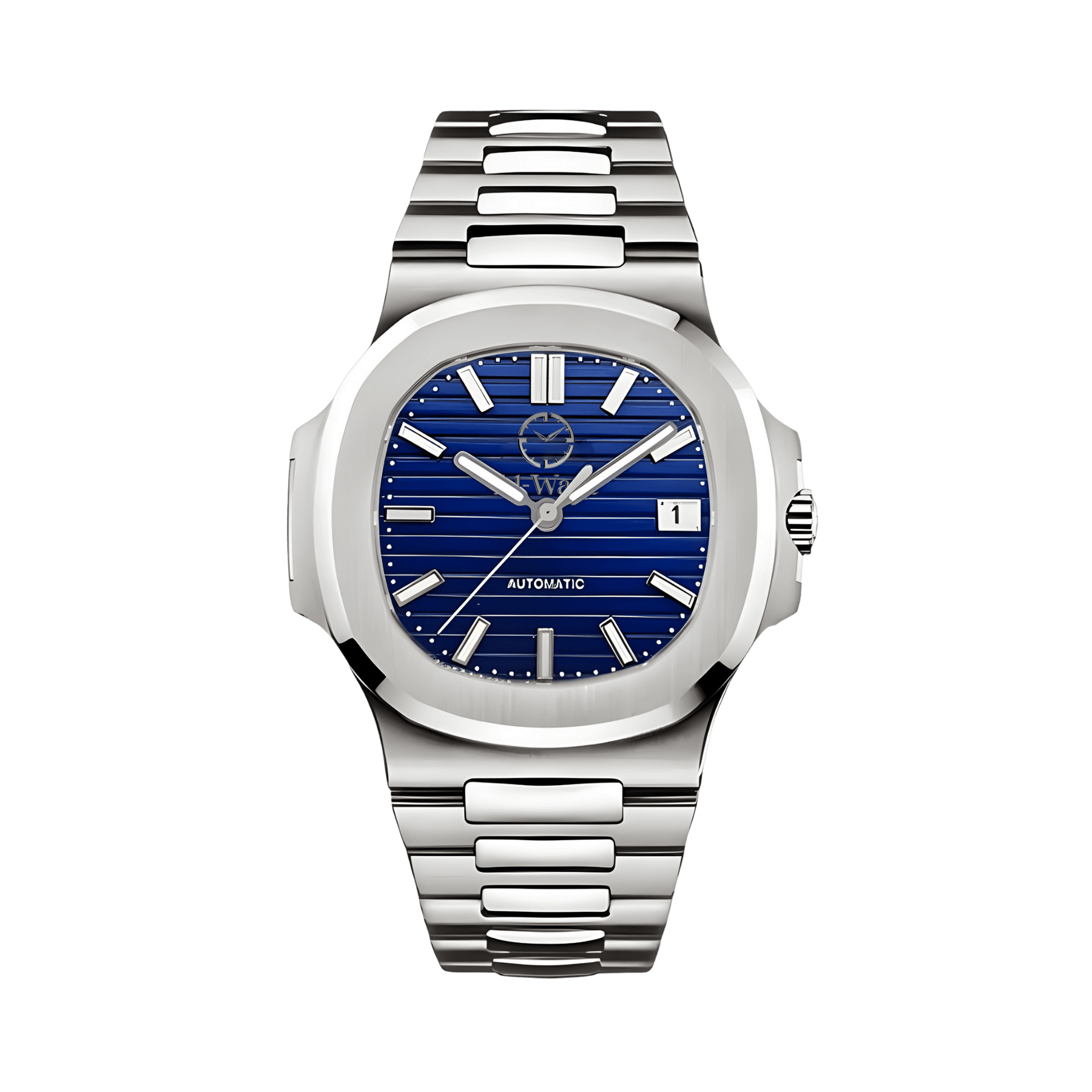 Une montre avec bracelet argenté et cadran bleu. Et petit hublot pour voir la date.