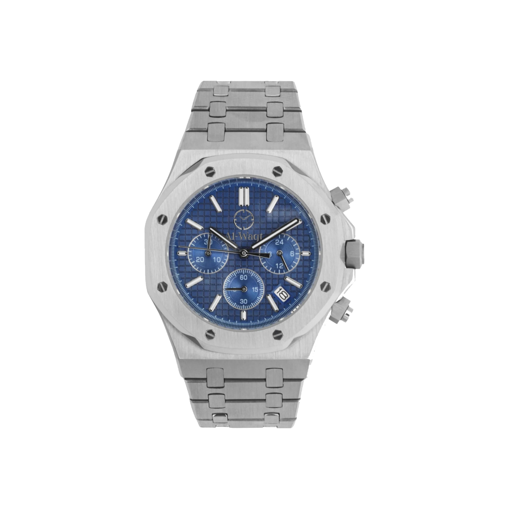 Montre avec bracelet argenté et cadran bleu avec petit carreaux. Les aiguilles ont argentées et au dessus du centre se trouve le logo de la marque Al-Waqt.