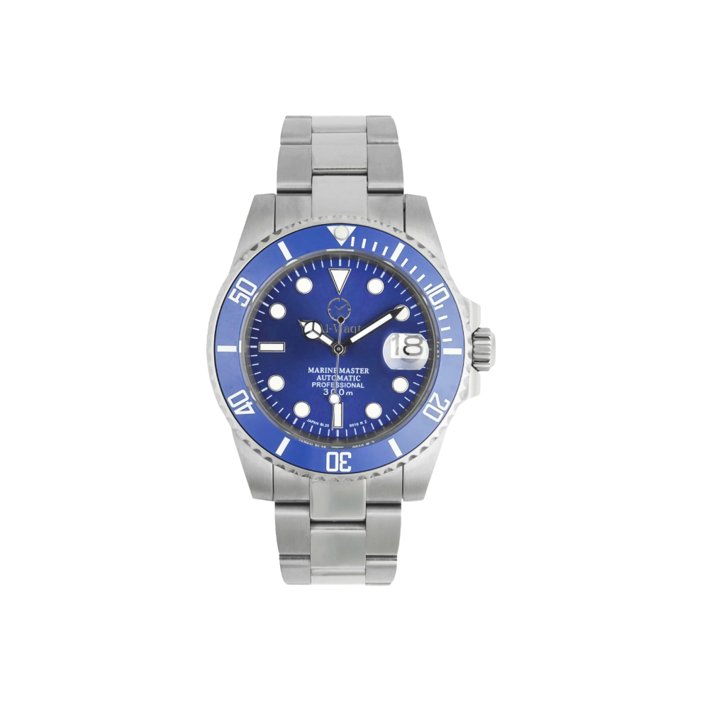 Montre avec bracelet et contour de cadran bleu. Le cadran est bleu clair, le petit hublot pour voir l'heure est à droite et les aiguilles sont blanches. Il y a aussi le logo de la marque Al-Waqt qui est présent au dessus du centre.