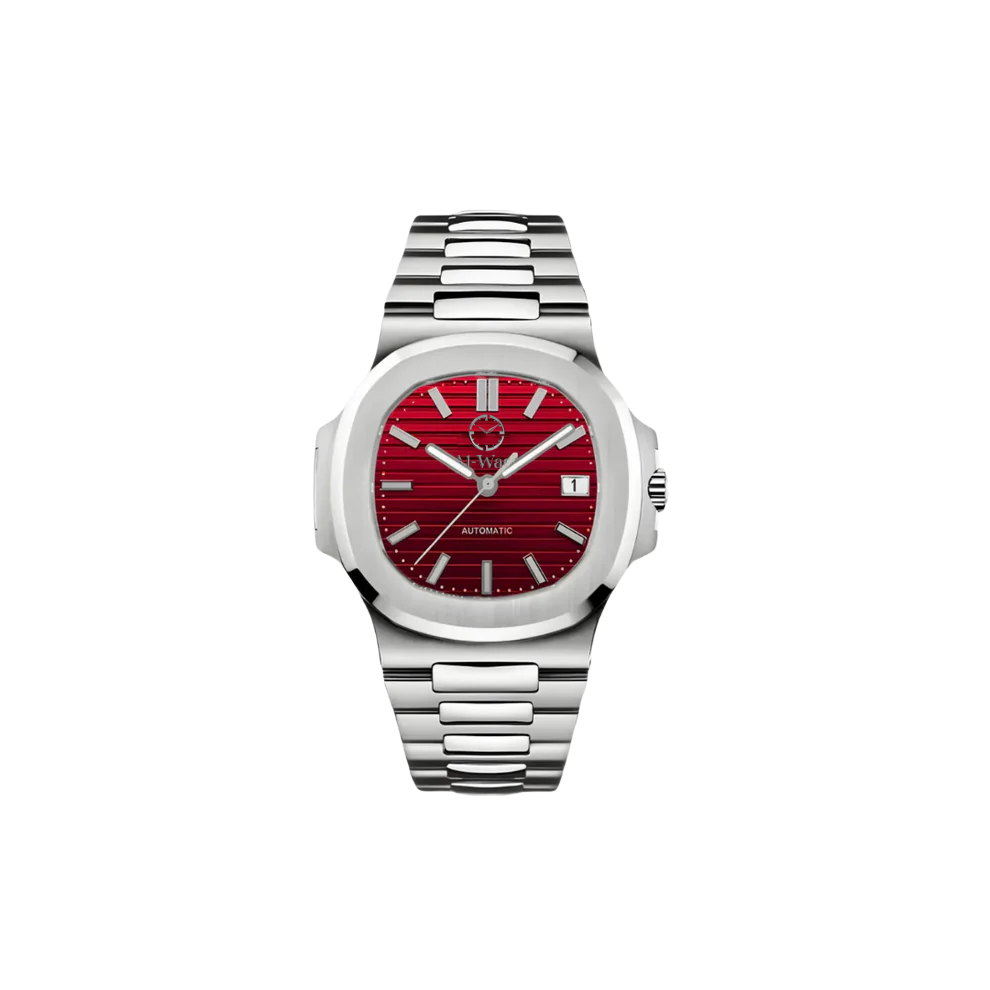 Montre avec bracelet argenté et cadran rouge et aiguilles argentées et petit trou pour voir la date.