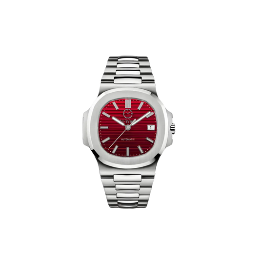 Montre avec bracelet argenté et cadran rouge et aiguilles argentées et petit trou pour voir la date.