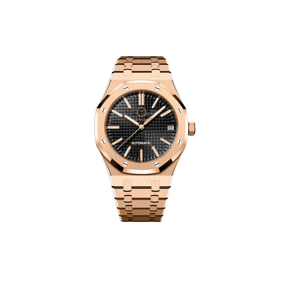 Une montre avec bracelet rose doré et cadran noir.