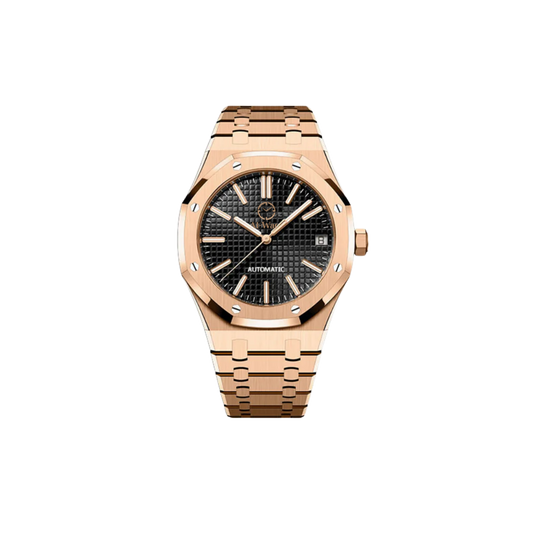 Une montre avec bracelet rose doré et cadran noir.