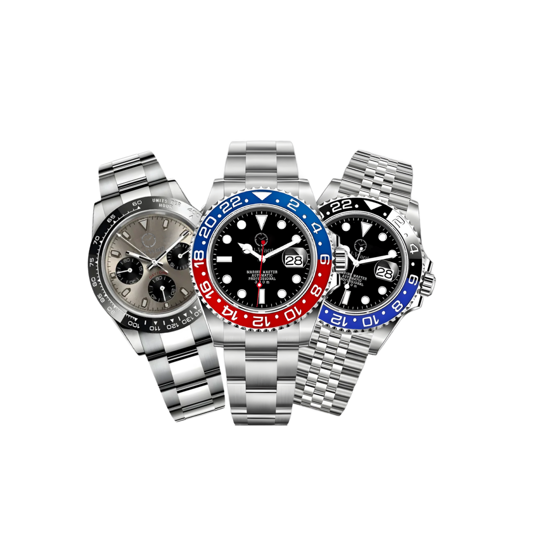 Trois montres, la première au centre avec bracelet argenté et cadran noir avec boitier avec du rouge et du bleu comme la marque Pespi dessus. La deuxième, celle de droite et avec un cadran noir aussi et du noir et bleu sur le boitier. La dernière sur la gauche est avec un cadran brun et que du noir sur le boitier.