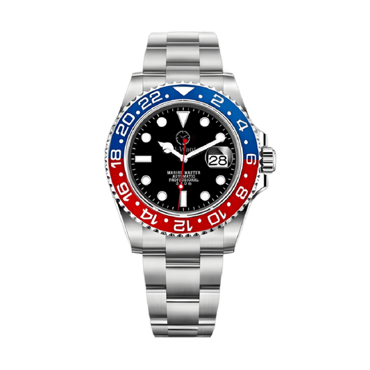 Montre avec cadran noir et bracelet argenté et boitier bleu et rouge.