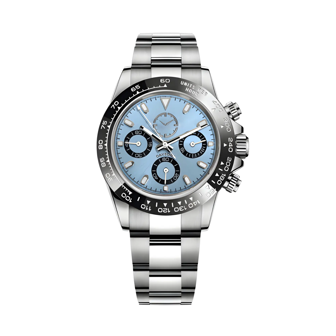 Montre avec bracelet argenté et cadran bleu clair avec petits détails noir. Les aiguilles sont argentées.