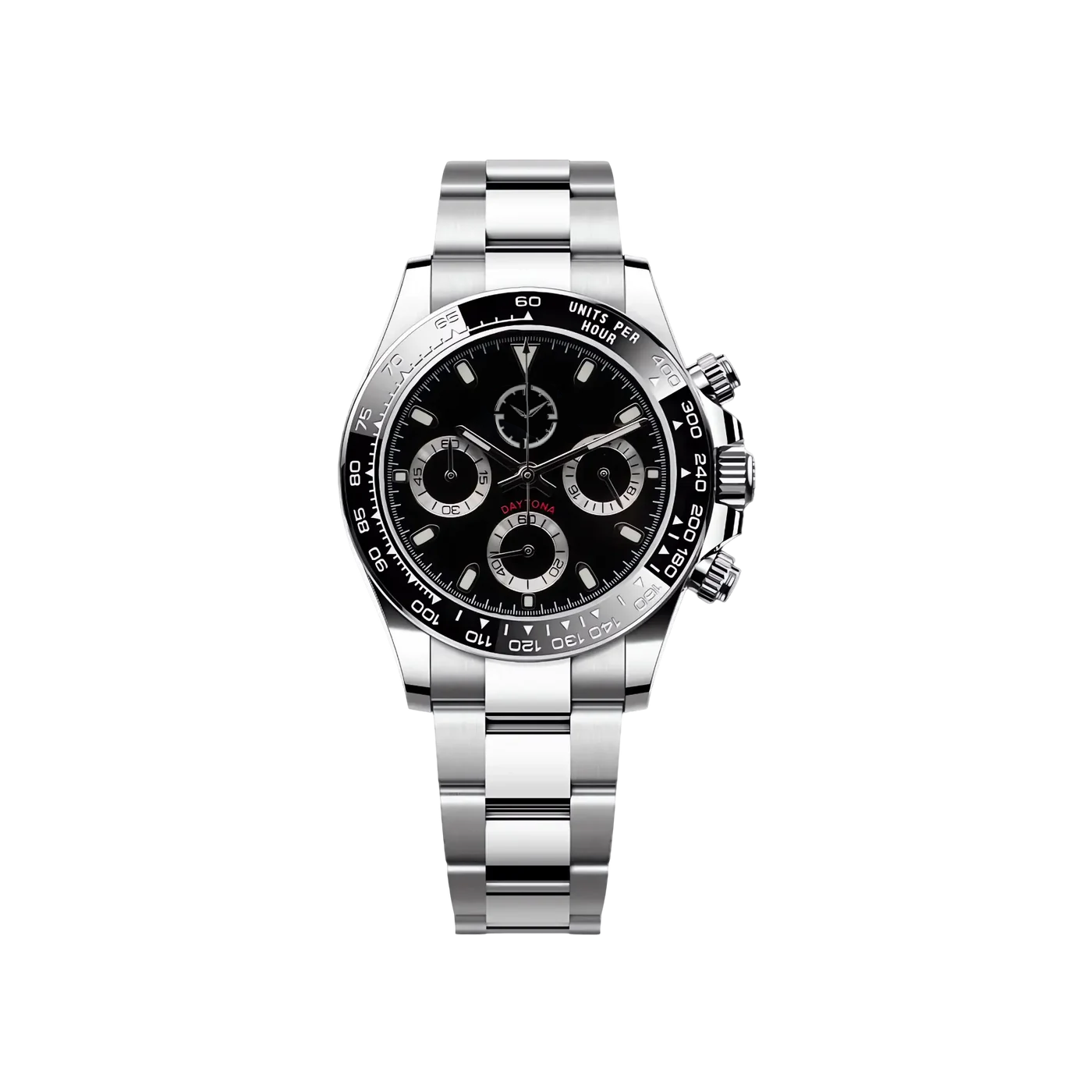 Montre avec bracelet argenté et cadran noir avec petits détails argentés. Les aiguilles sont argentées.