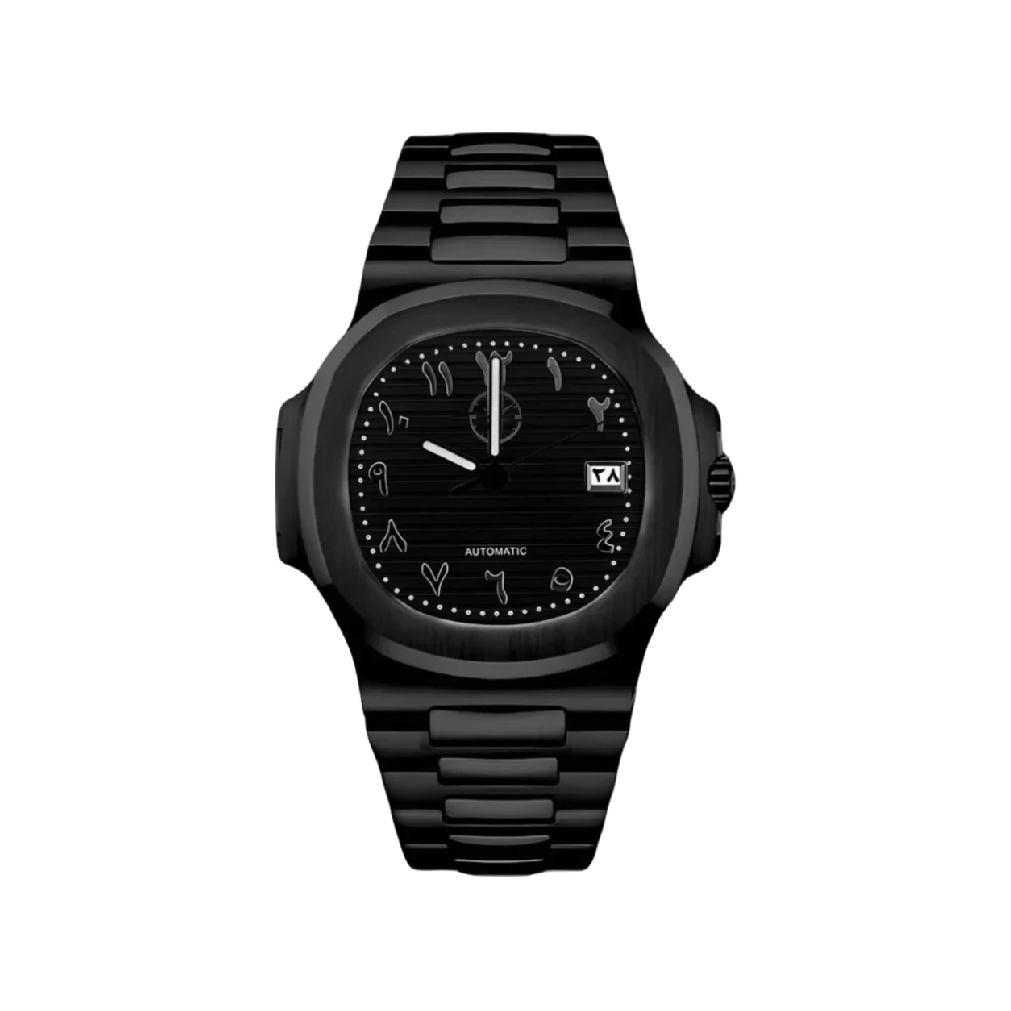 Montre noir avec bracelet noir, cadran noir et boitier noir Les chiffres sont en arabe.