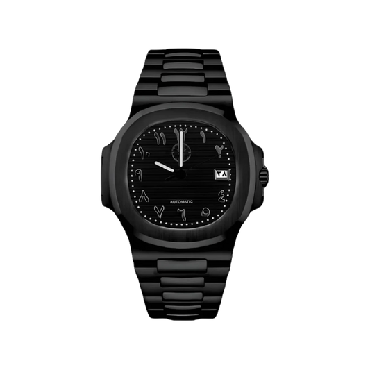 Montre noir avec bracelet noir, cadran noir et boitier noir Les chiffres sont en arabe.